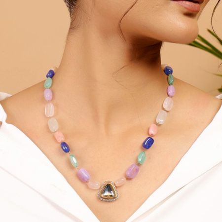 Colorful Pastel Beaded Necklace with Triangular Kundan Pendant